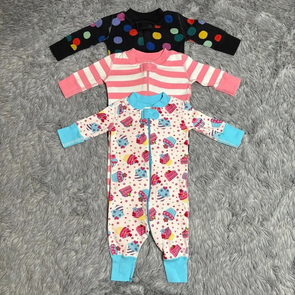 Hanna Andersson Footless Sleeper Bundle Dots Stripes Cake Baby Girl 0-3 Months